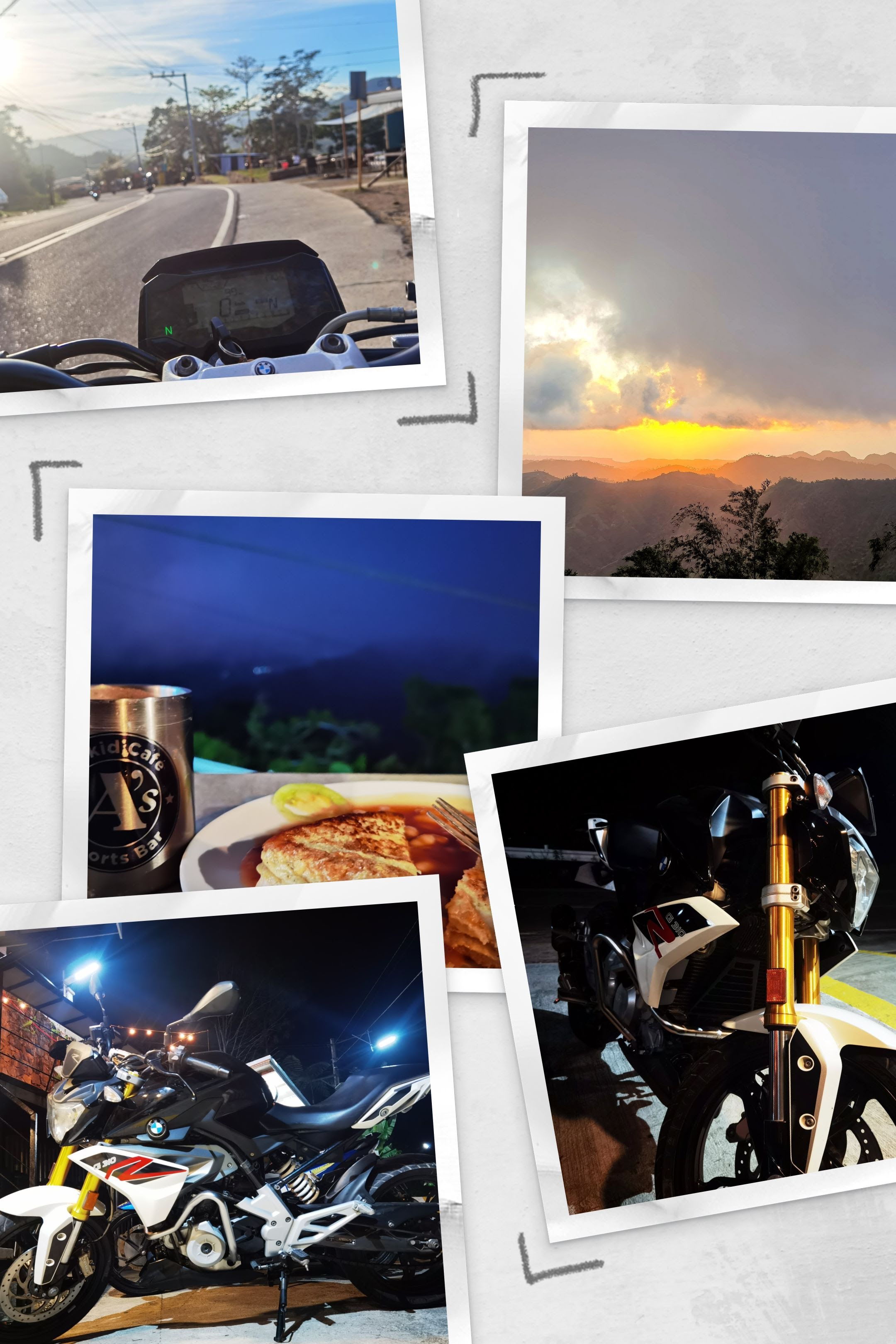 Motorcycle road trip collage across Philippines mountains and cafes